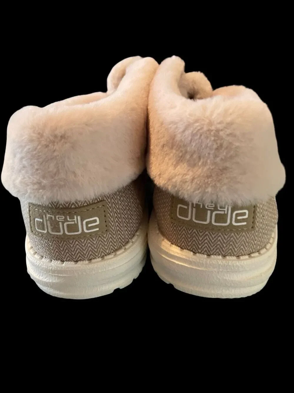 New Hey Dude Herringbone Cream Britt Faux Fur Fold Over Moccasins Shoes Size 9